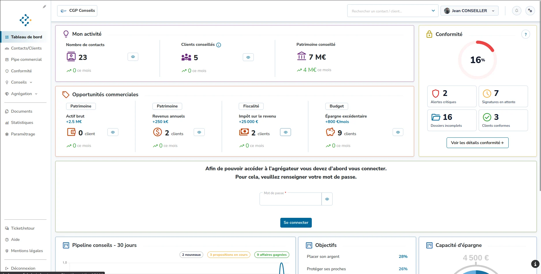 Aperçu de l'Espace Conseiller MYGP360 : tableau de bord, pipe commercial et fiches clients